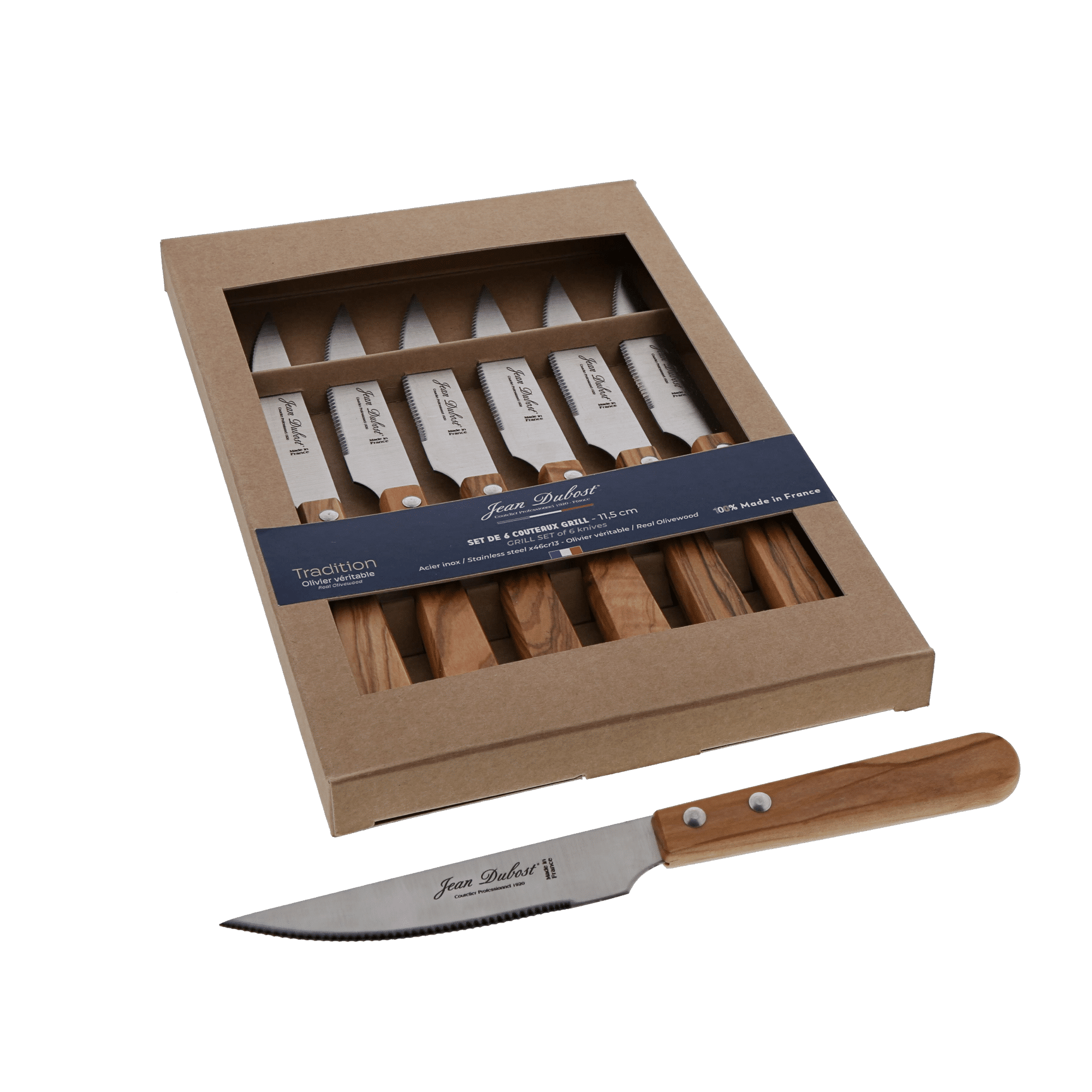 CB10A79SC16311-TRADITION OLIVIER 6 CTX GRILL COF KRAFT V2_web ΣΕΤ 6 steak knives 1.2MM με λαβή Ελιάς + Box Gift Laguiole by Jean Dubost France - Image 1