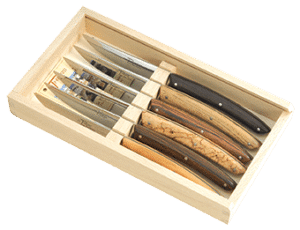 6 KNIFE THIERS WOOD MIX HANDLE BOX WITH PLEXI TOP Le Thiers by Jean Dubost France - Image 2