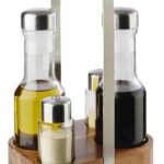 "WOOD" OIL,VINEGAR,SALT AND PEPPER SET WITH A WOODEN BASE AND GLASS BOTTLES APS GERMANY
